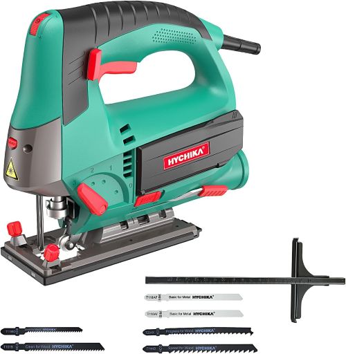 HYCHIKA Sierra de Calar, 110mm, 800W, 800-3000SPM, Corte Ajustable y Guía Láser de Precisión